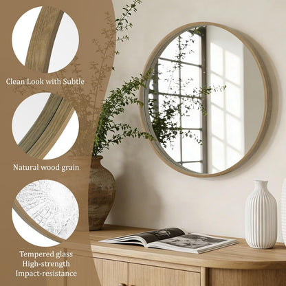 WallBeyond Wood Round Mirror with Wood Frame 24 inch Circle Wall Mirror for Bathroom Round Wall Mirror for Wall Decor, Vanity, Entryway Living Room (Walnut)