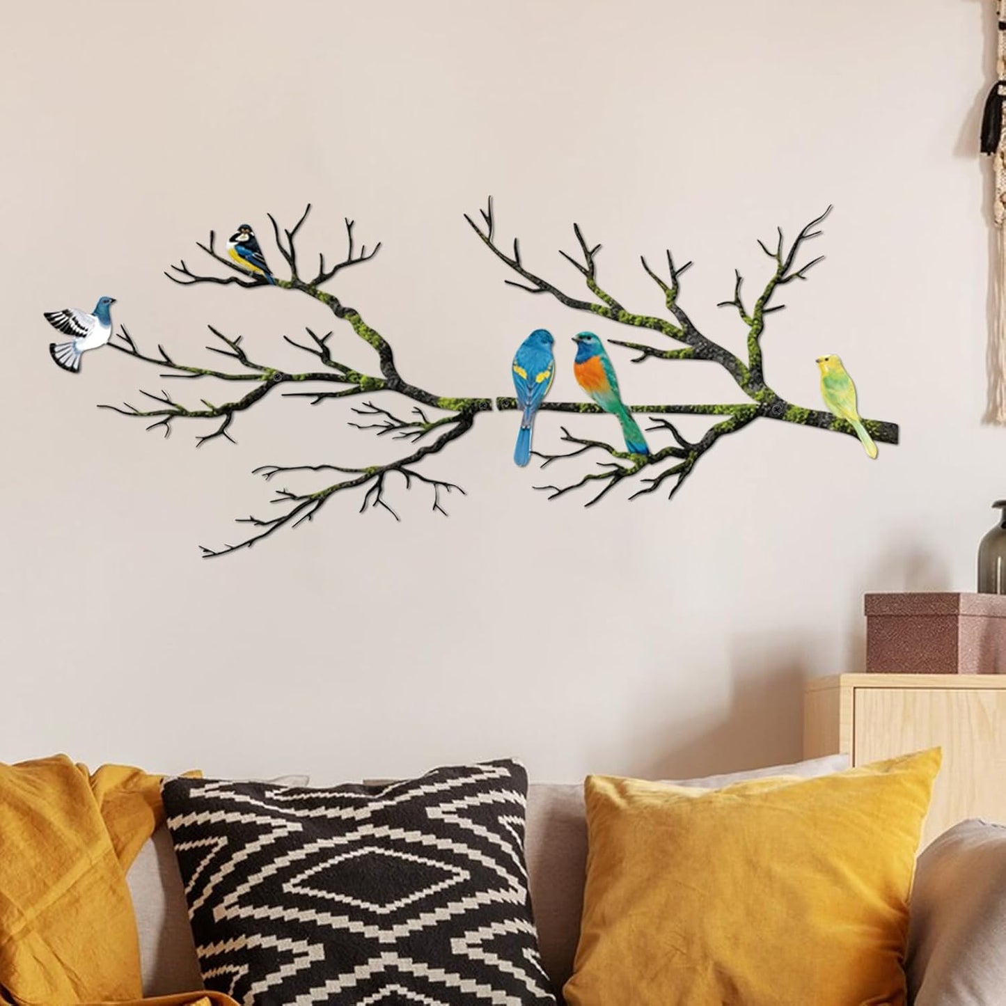 Metal Birds Wall Art, Metal Vivid Birds on Branch Silhouette Wall Decor Black Leaves with Bird Outdoor Hanging Wall Sculpture for Home Balcony Garden(Large)
