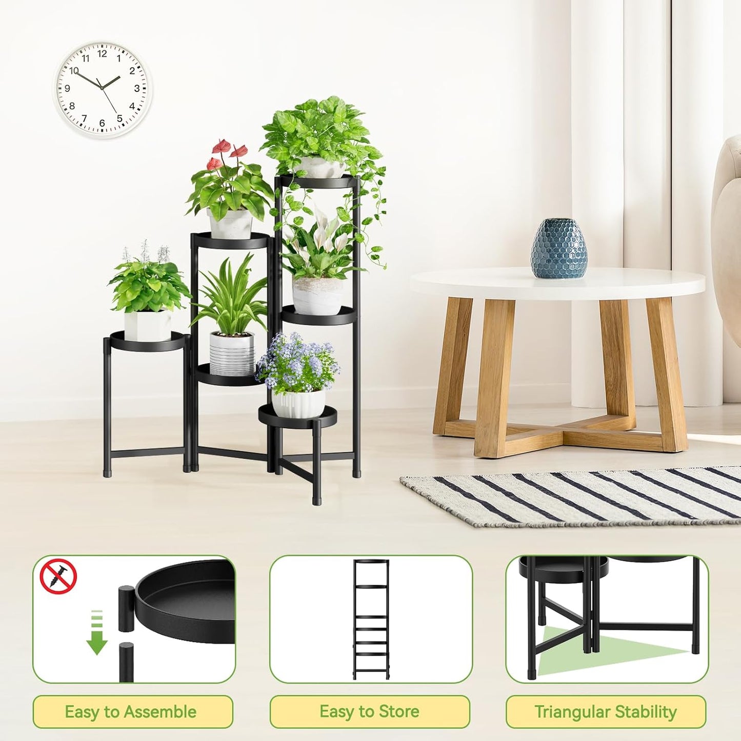iDavosic.ly Plant Stand Indoor Outdoor, 5 Tier Corner Metal Flower Display Holder Shelf, Folding Tall Orchid Rack for Patio Balcony Porch Garden Living Room House, Black