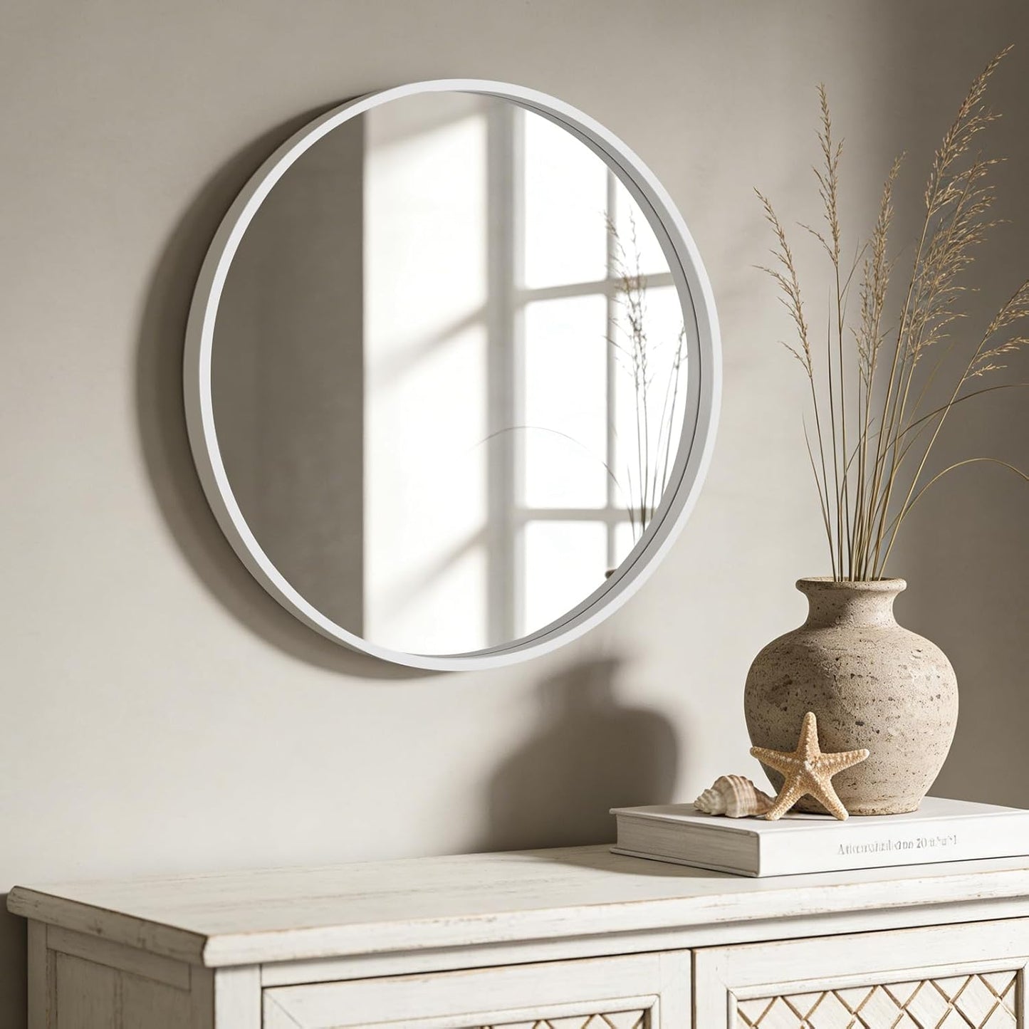 WallBeyond Wood Round Mirror with Wood Frame 24 inch Circle Wall Mirror for Bathroom Round Wall Mirror for Wall Decor, Vanity, Entryway Living Room (Walnut)
