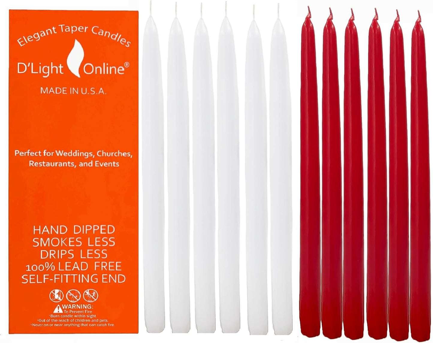 D'light Online White Taper Candles, 10 Inch Premium Quality Candles Hand-Dipped Tapered Candles, Dripless, Smokeless and Unwrapped Bulk Pack for Events - Set of 12 (10 Inch, White)