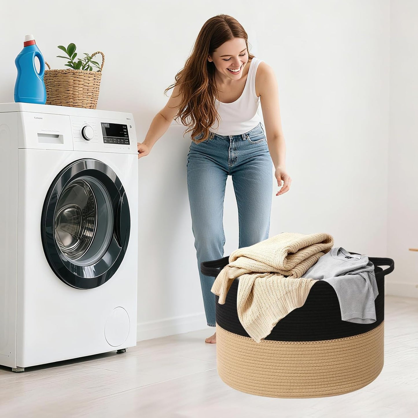Large Woven Blanket Basket,65L Cotton Rope Laundry Basket Hamper with Handles, Decorative Nursery Basket Storage Bin for Toys, Clothes Organizer, Living Room, Bedroom, Bathroom, White & Brown