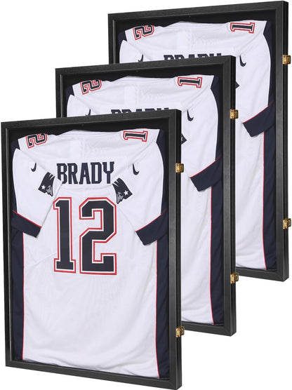 Jersey Wooden Frame Display Case -Shadow Box with 98% UV Protection Acrylic and Hanger for L or XL Baseball Basketball Football Hockey Sport Shirt and Uniform Gifts for Men (Black, 1 Pack)