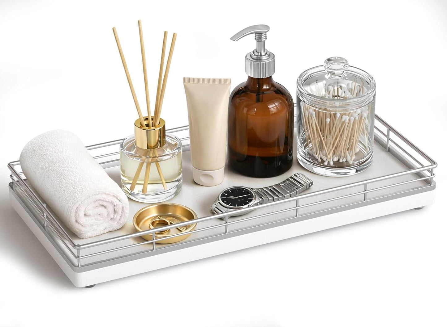 Bathroom Vanity Tray for Countertop, 12" x 6" Acacia Wood Toilet Tank Tray with Metal Guardrail, Bathroom Organizer for Soap, Perfume & Skincare, Non-Slip Decorative Tray for Dresser, Black & Acacia