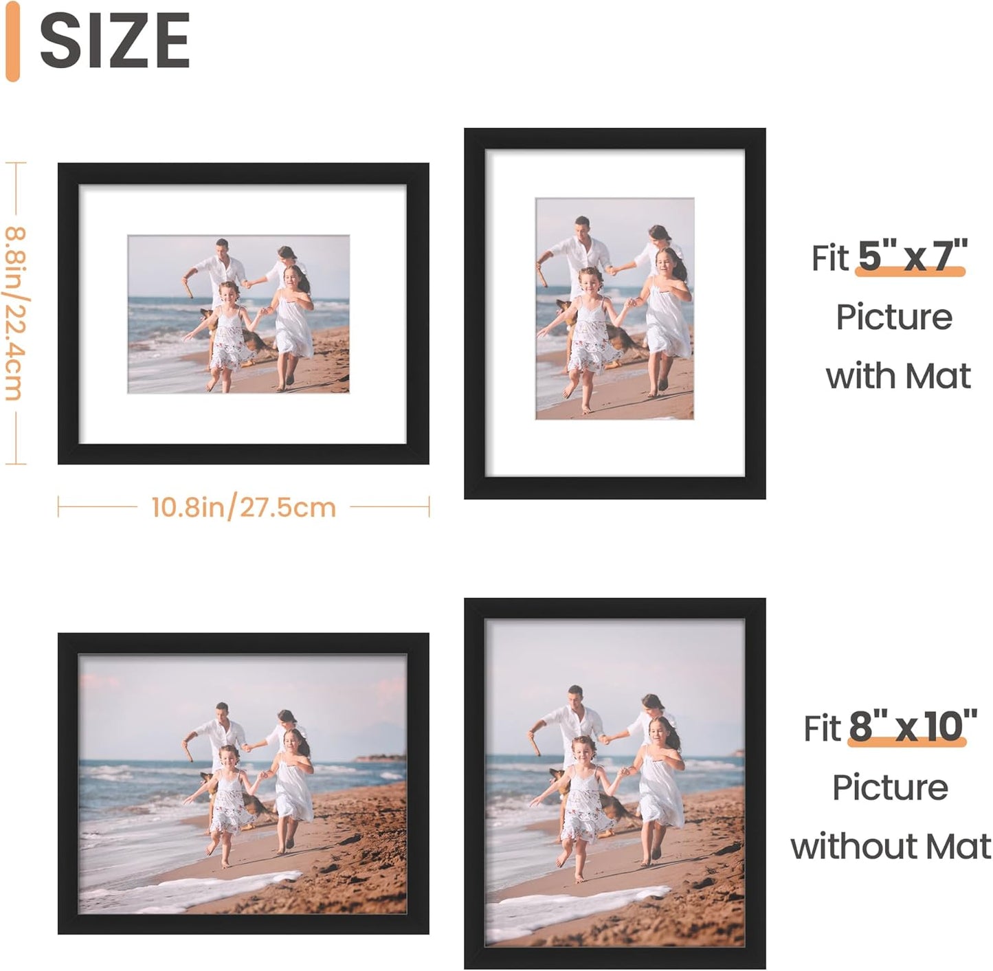 upsimples 11x14 Picture Frame Set of 5, Display Pictures 8x10 with Mat or 11x14 Without Mat, Wall Gallery Photo Frames, Black