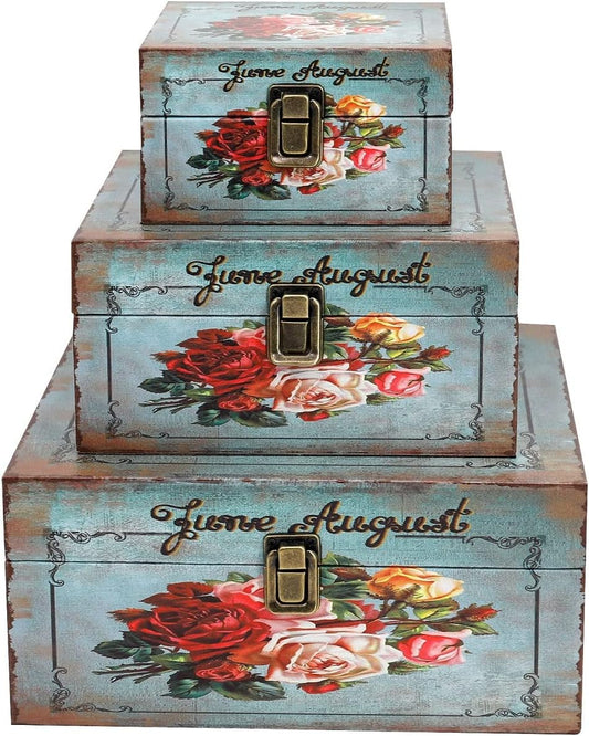 Jolitac Wood Storage Box Set of 3, Vintage Decorative Nesting Boxes Wooden Treasure Storage Crates With Latch, Home Decor Rustic Antique Boxes With Lid for Photos, Jewelry, Cash (Chair)