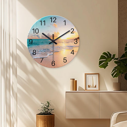 Beach Wall Clock Battery Operated 12 Inch Glass Wall Clock Non Ticking Analog Blue Wall Clocks for Bedroom Living Room Office Decor