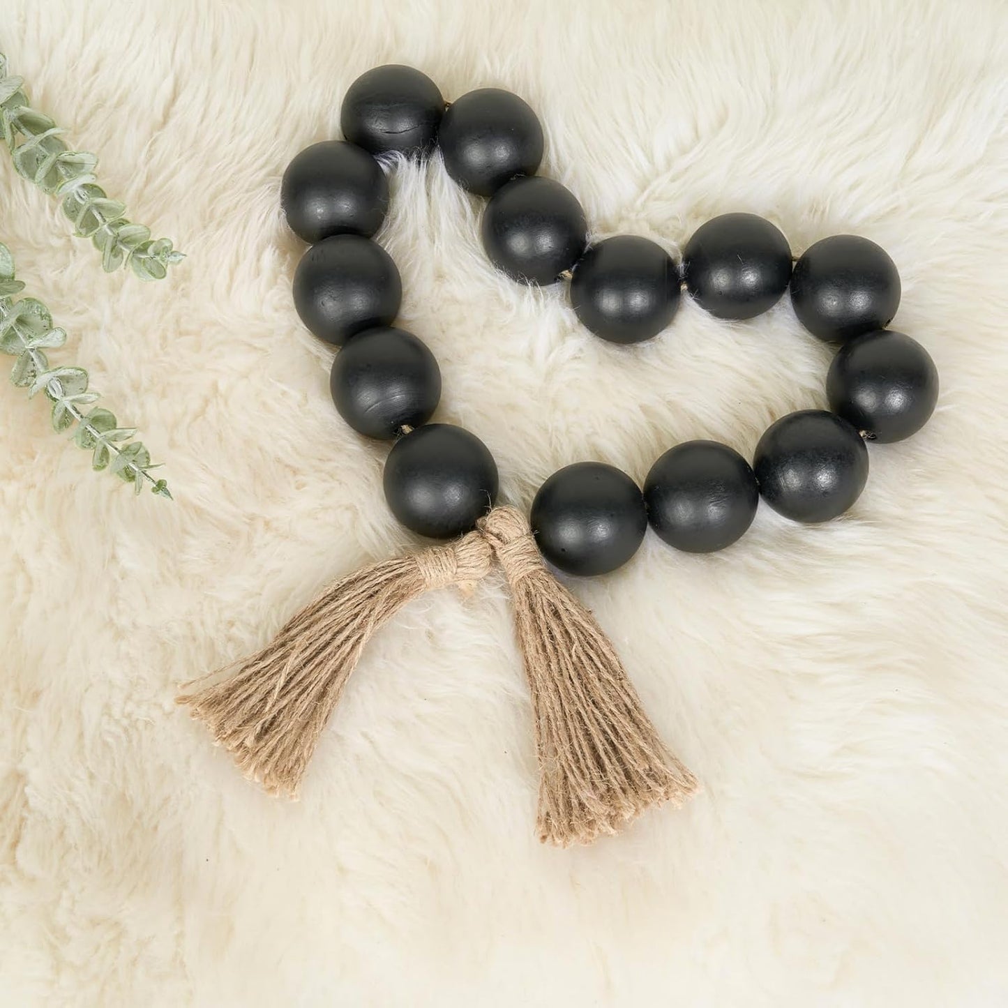 OMISHE Extra Large Wood Bead Garland with 2" Diameter Wooden Beads, 25.5" Long Rustic Farmhouse Decorative Wooden Beads Garland with Tassels, Boho Decorations for Home Table Mantle, Black