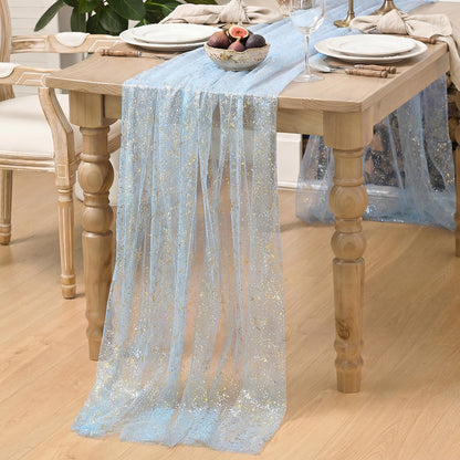 Artoid Mode Beige Gold Gauze Table Runner 120 Inch 10FT, Glitter Metallic Foil Sheer Dining Wedding Anniversary Holiday Birthday Table Decor for Home Party