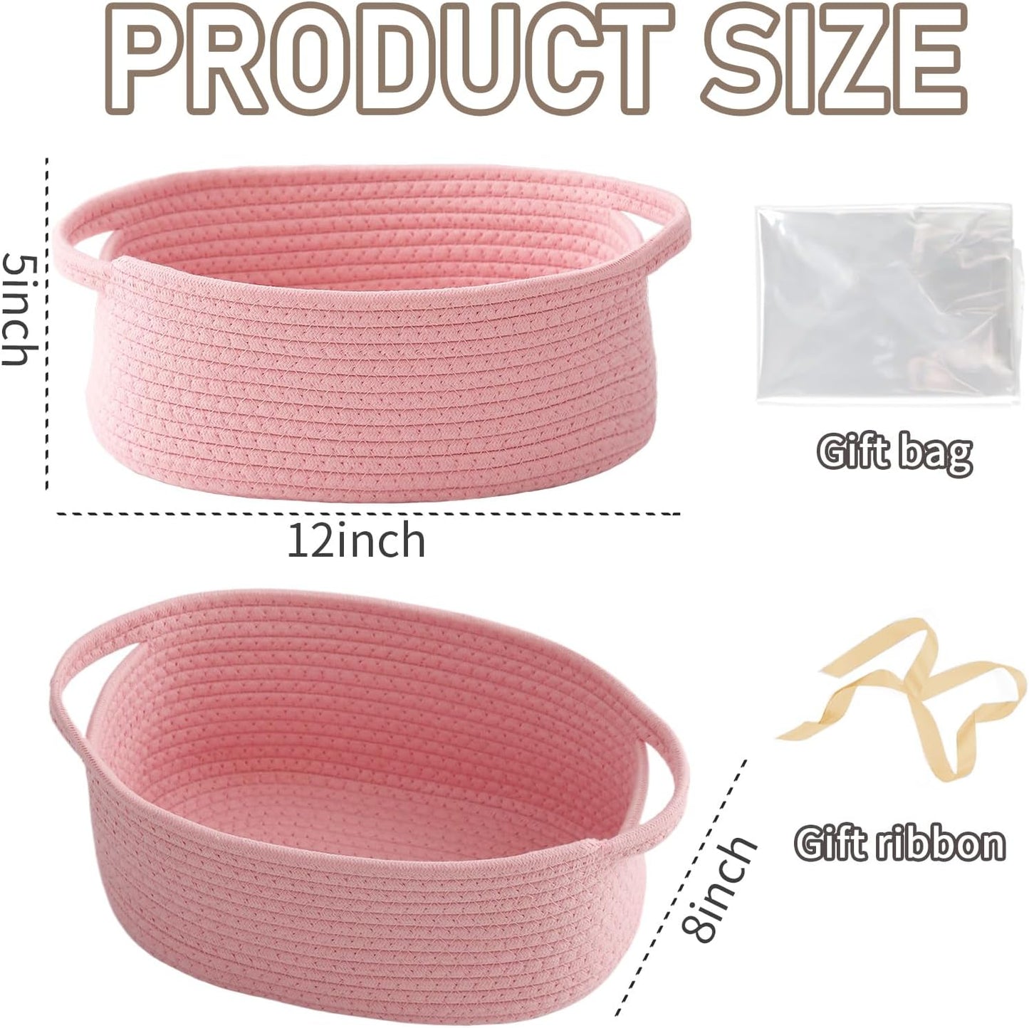 JMvicyroam Woven Basket,Small Rope Storage Bin with Handles & Ribbon Bag, Organizer for Shelves Closets,Gift Basket Empty for Birthday,Books,Dog Toys,White