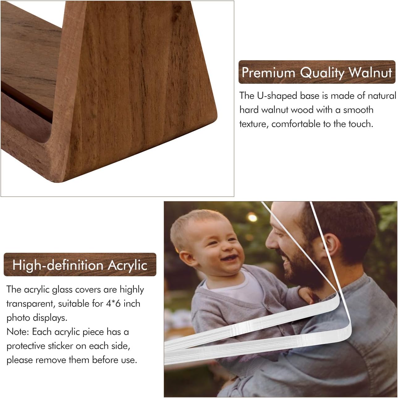 Mixoo 4x6 Picture Frame 2 Pack - Rustic Wooden Picture Frames with Walnut Wood Base and High Definition Break Free Acrylic Photo Covers for Desk Tabletop Display Graduation Gifts Teacher Appreciation Gifts (Horizontal + Vertical)
