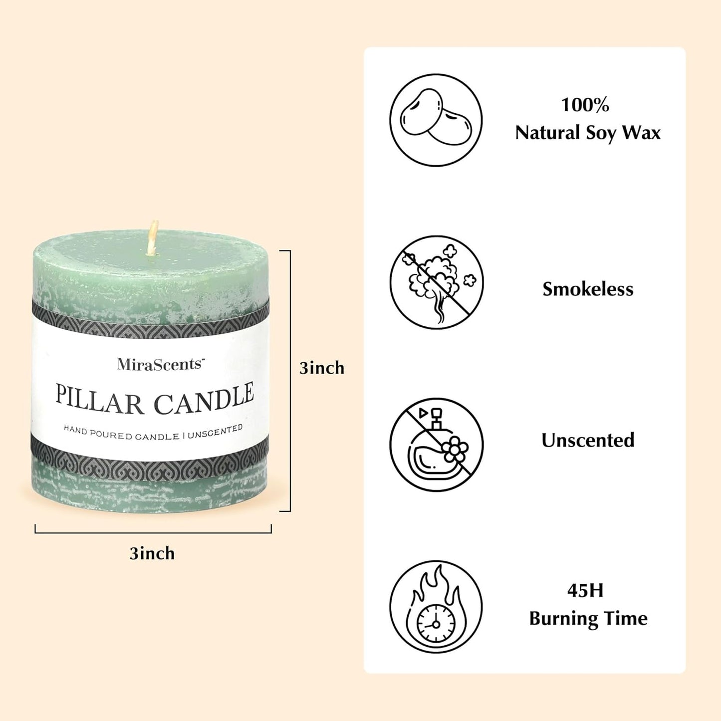 3x6 Inch Sage Green Pillar Candles Set of 3 - Unscented Spring, Long Clean Burning, Large Smokeless Dripless for Home Decor, Dinner Table, Bathroom, Rustic Decor
