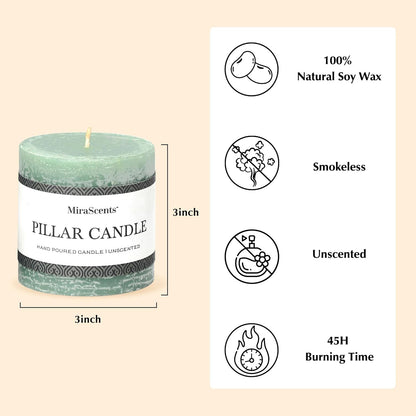 3x6 Inch Sage Green Pillar Candles Set of 3 - Unscented Spring, Long Clean Burning, Large Smokeless Dripless for Home Decor, Dinner Table, Bathroom, Rustic Decor