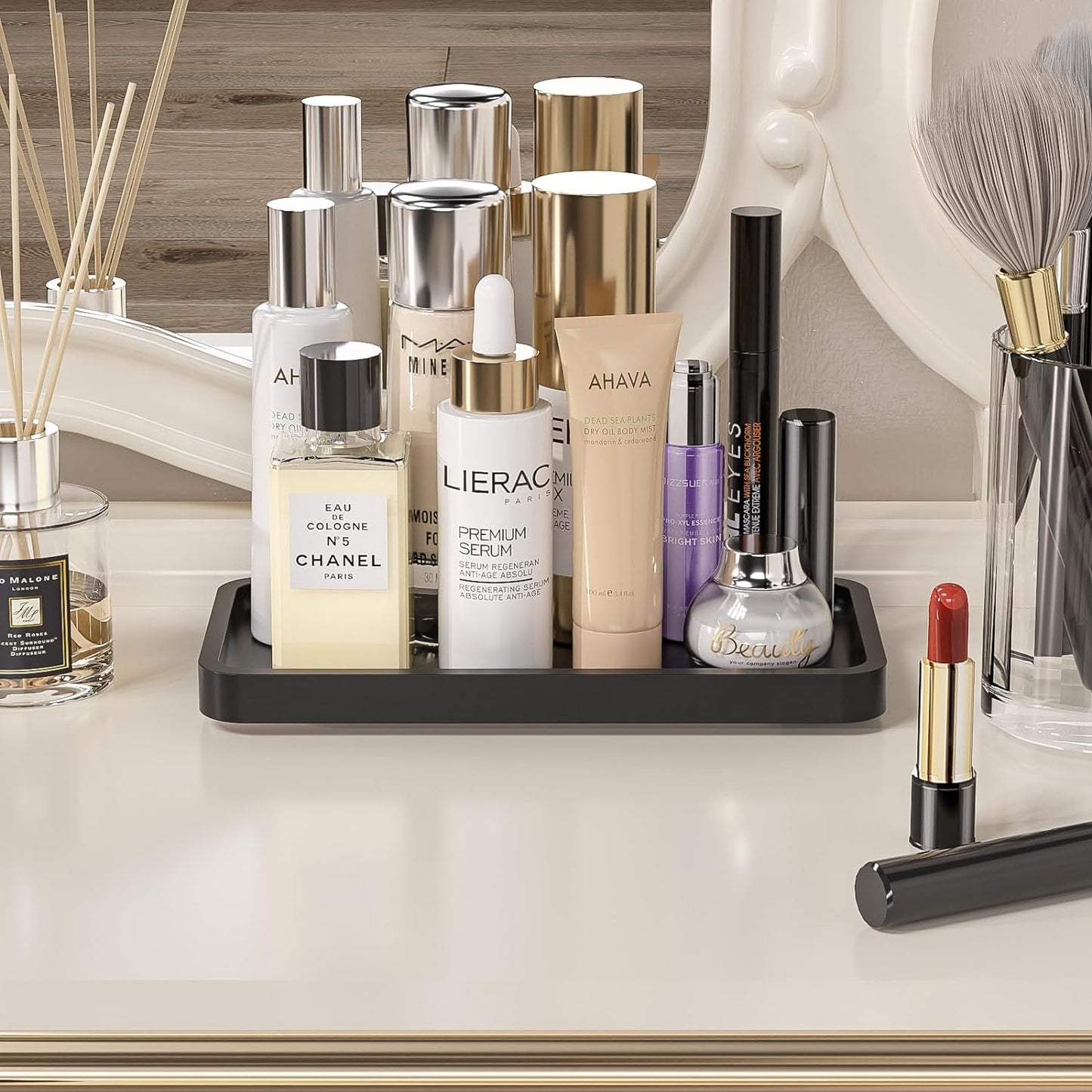 Bathroom Vanity Tray for Countertop - Bamboo Organizer Tray for Dresser Tops, Toilet, Perfume Small Decorative Tray Wood Tray for Home Decoration 11.81” L x 6.1” W x 0.79” H Black