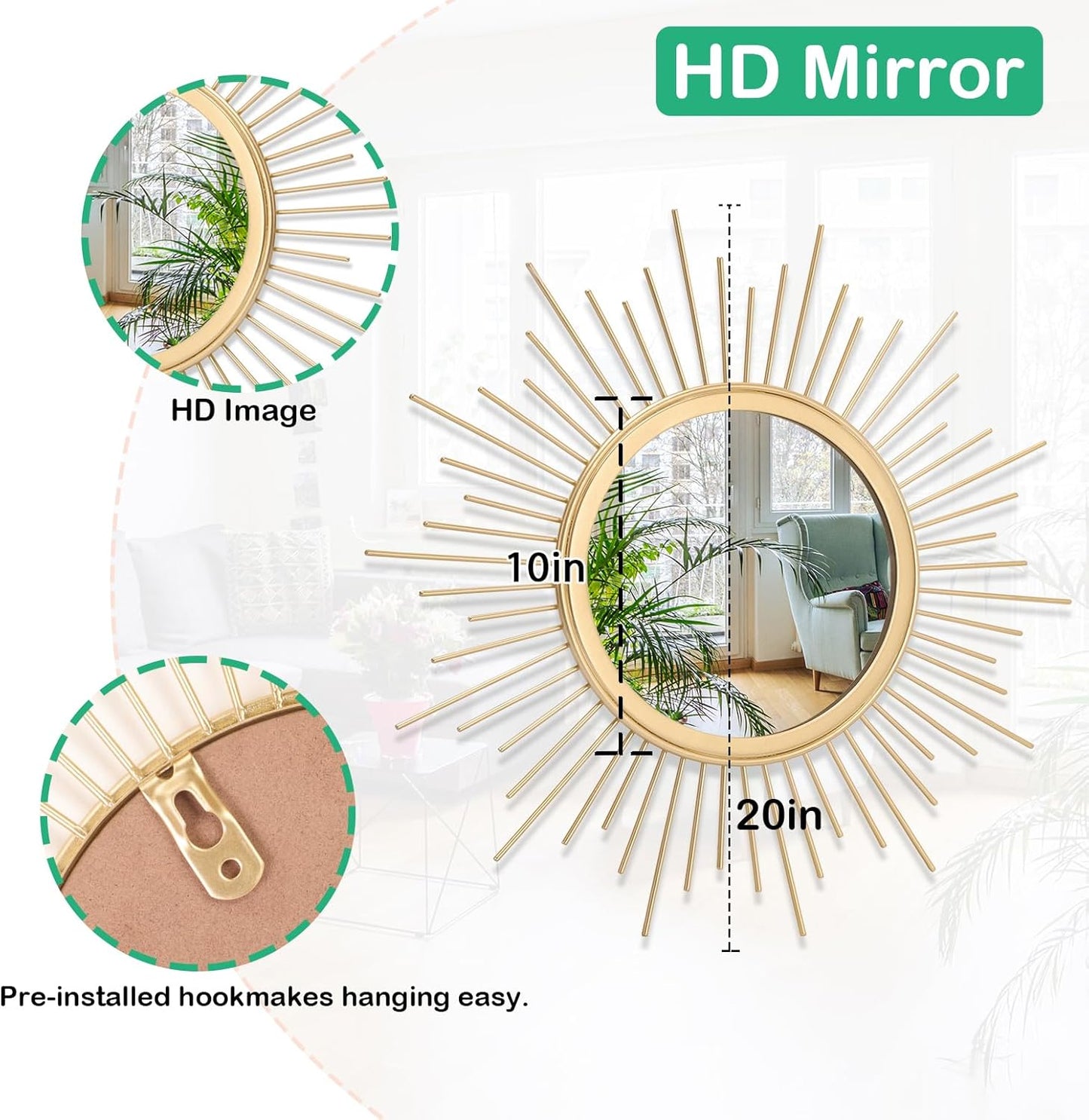 Gold Sunburst Mirrors for Wall Decorative Metal Round Art Mirrors Large Wall Decor Hanging Mirror for Bathroom Bedroom Living Room Vanity Entryway 16"