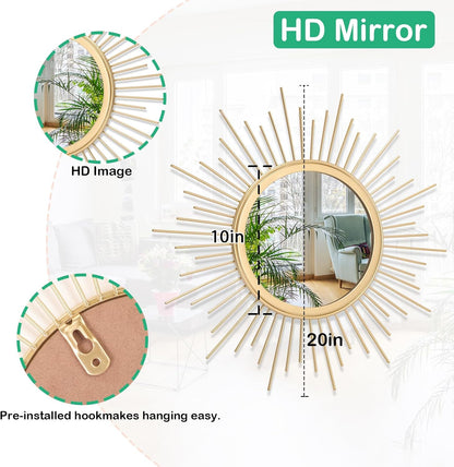 Gold Sunburst Mirrors for Wall Decorative Metal Round Art Mirrors Large Wall Decor Hanging Mirror for Bathroom Bedroom Living Room Vanity Entryway 16"