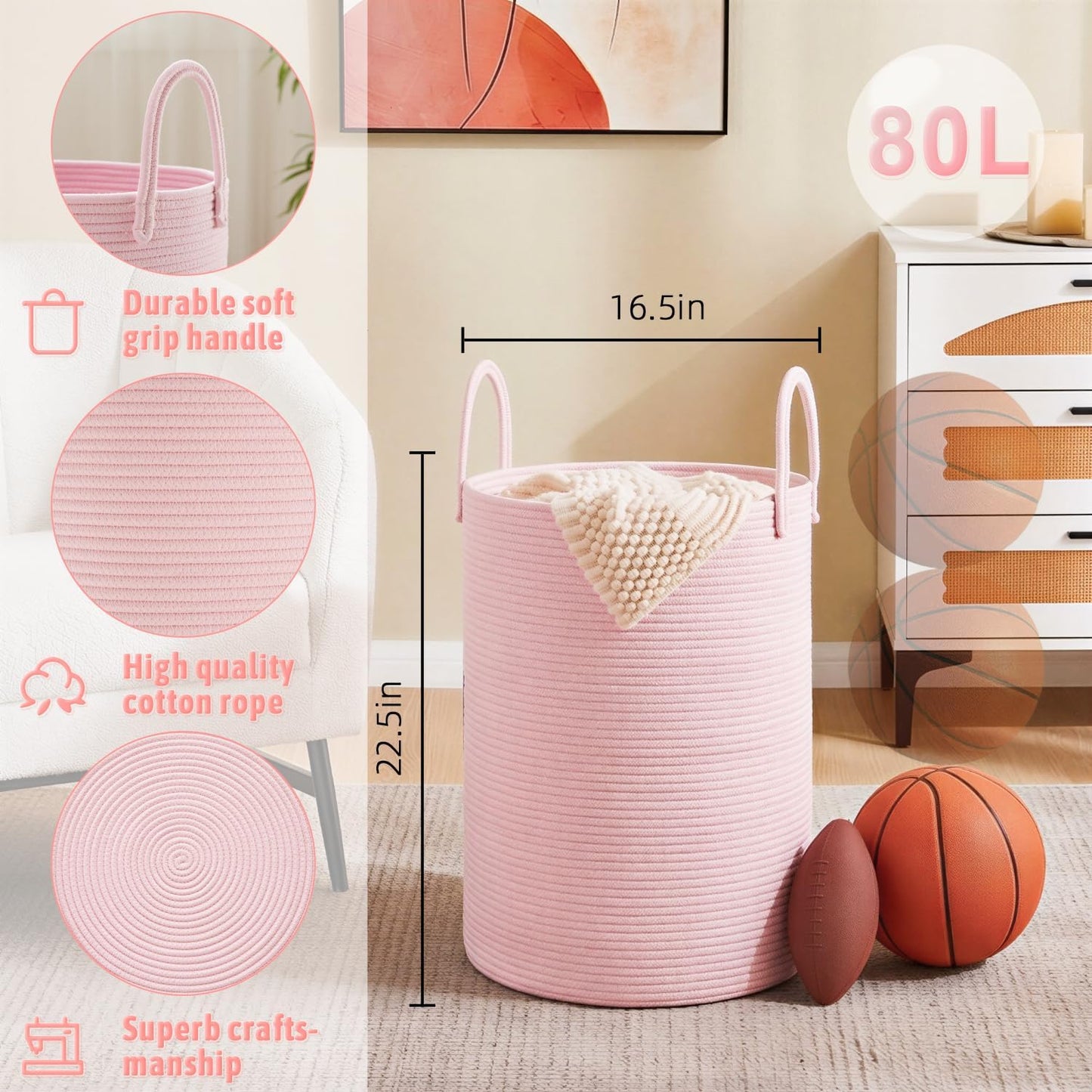 Artfeel Laundry Basket,Woven Cotton Rope Laundry Hamper,60L for Decor Storage of Dirty Clothes,Toys and Blankets in Bathroom,Baby Room and Living Room