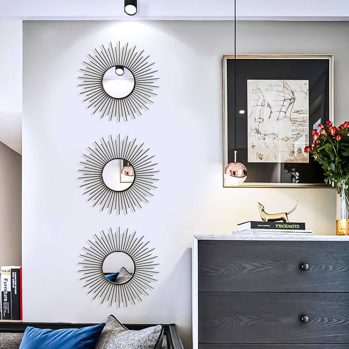 3 Pack Metal Mirrors for Wall Sunburst Wall Mirrors Home Décor Decorative Hanging Wall Art for Living Room Bedroom Entryway (Gold, Flower+Sunburst)