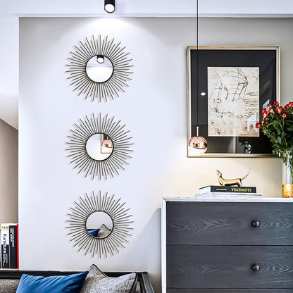 3 Pack Metal Mirrors for Wall Sunburst Wall Mirrors Home Décor Decorative Hanging Wall Art for Living Room Bedroom Entryway (Gold, Flower+Sunburst)