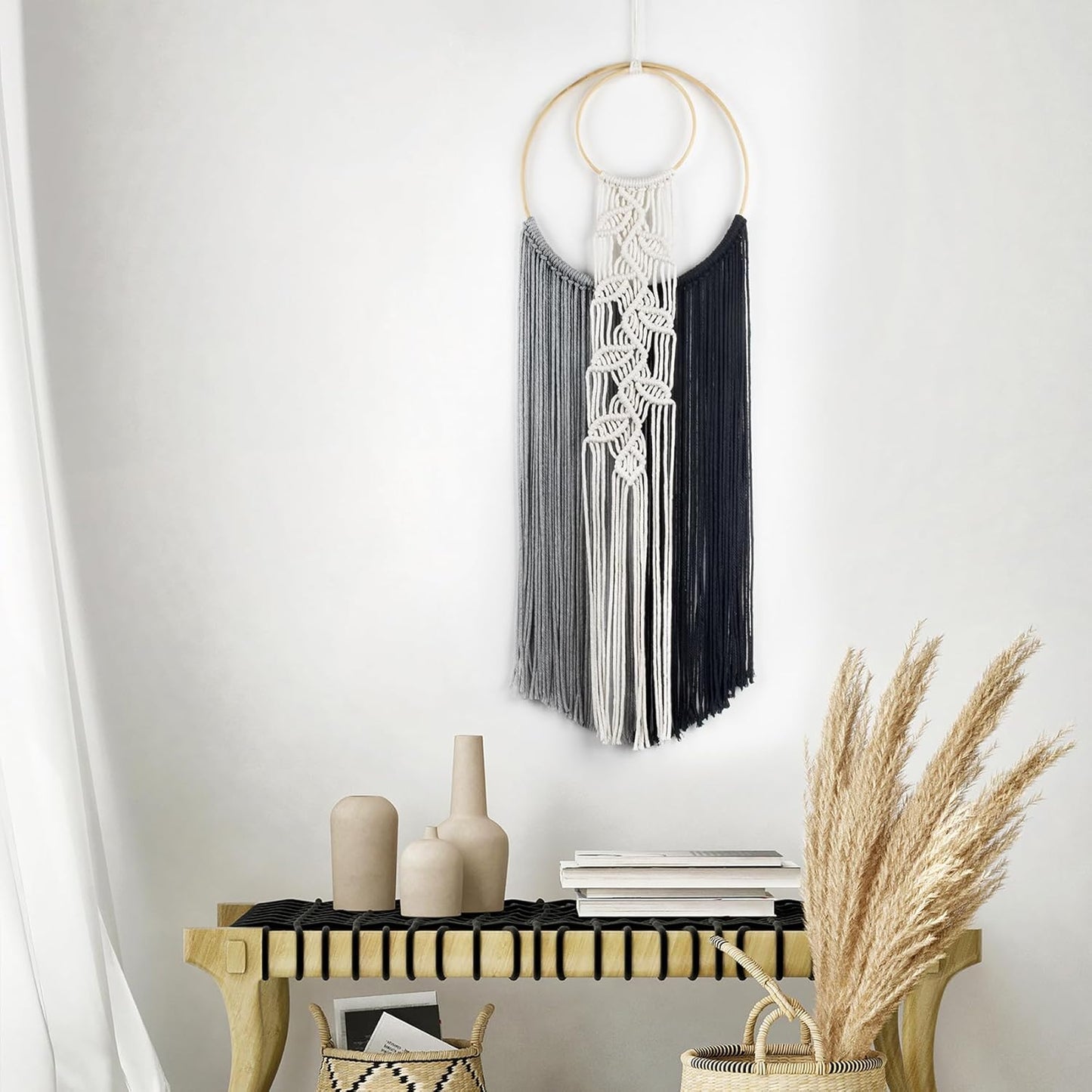 LB Boho Macrame Wall Hanging - Green and Beige Handmade Cotton Woven Decor, Modern Geometric Bohemian Tapestry Wall Decor for Bedroom Living Room Home (31.5"x9.84") Nature-Inspired Room Decor