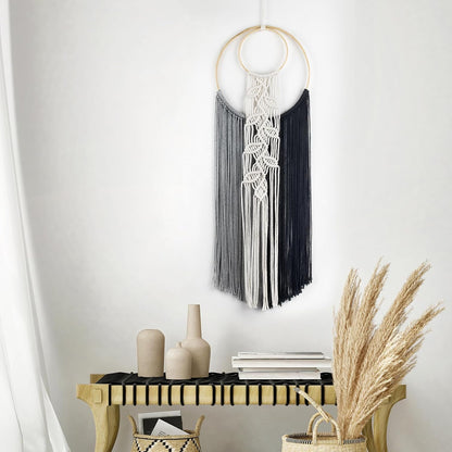 LB Boho Macrame Wall Hanging - Green and Beige Handmade Cotton Woven Decor, Modern Geometric Bohemian Tapestry Wall Decor for Bedroom Living Room Home (31.5"x9.84") Nature-Inspired Room Decor