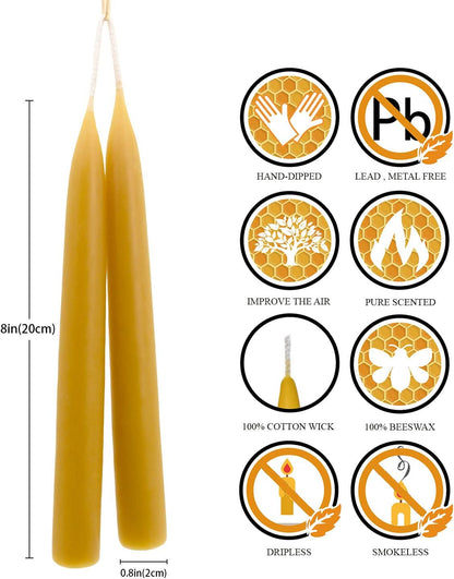 Natural Beeswax Taper Candles, DEYBBY Smokeless and Dripless Beeswax Candles, Long Lasting Burning, Nontoxic, 8 inch, 6 Pack