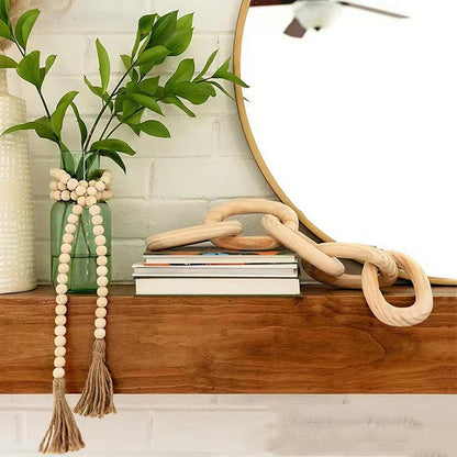 Wood Chain Link Decor and Beaded Garland Set - Hand Carved Decorative Wood Chain, Home Decor, Farmhouse
