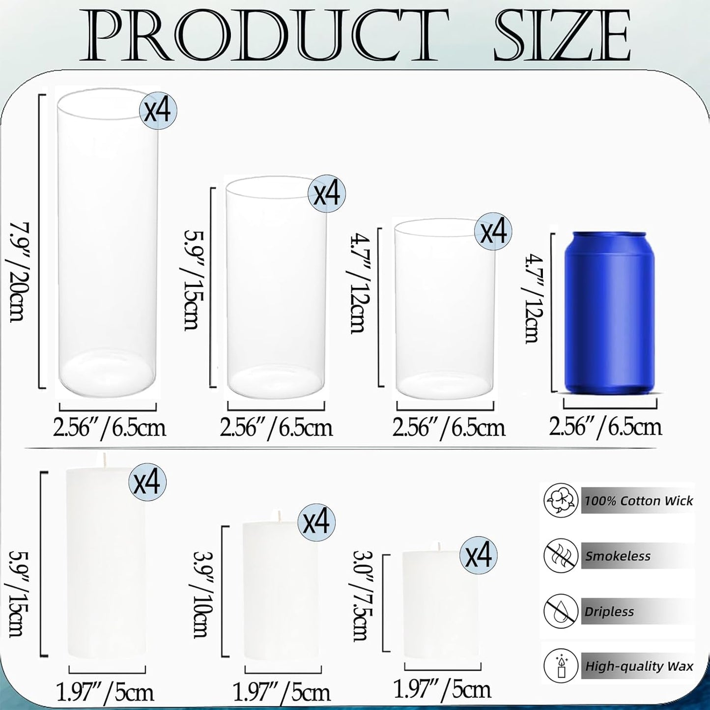 24 Pcs White Pillar Candles and Glass Candle Holders Cylinder Candle Vases for Pillar Candles Hurricane Candle Holders Set for Wedding Party, Event, Home Office Decor