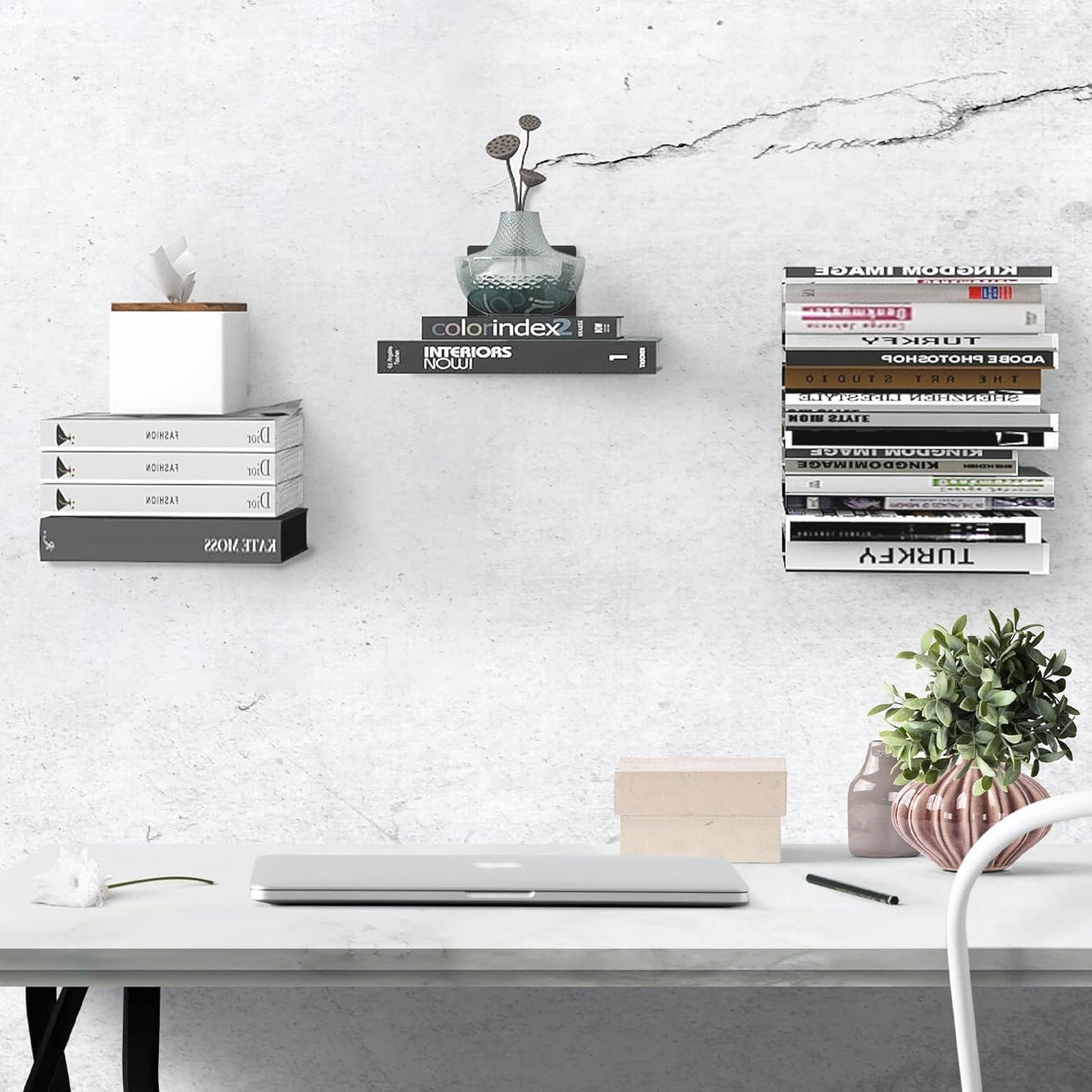 STORAGE MANIAC Floating Book Shelves for Wall Mounted Invisible Floating Bookshelves Heavy-Duty Steel Hidden Bookshelf Hanging Bookshelves for Bedroom Living Room Office, White 4-Pack Large