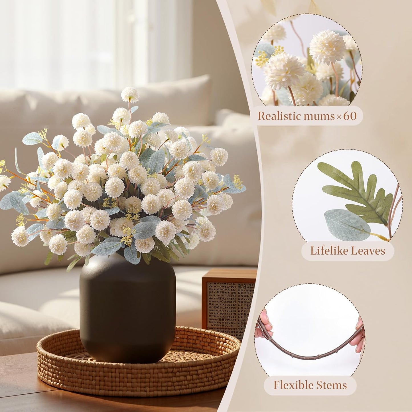 Alupssuc 16PCS Faux Silk Pompon Mums Artificial Flowers with Eucalyptus, Fake Chrysanthemum Floral for DIY Vase Arrangement, Long Stem Dining Table Centerpiece Home Decor, Beige