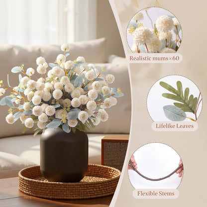 Alupssuc 16PCS Faux Silk Pompon Mums Artificial Flowers with Eucalyptus, Fake Chrysanthemum Floral for DIY Vase Arrangement, Long Stem Dining Table Centerpiece Home Decor, Beige