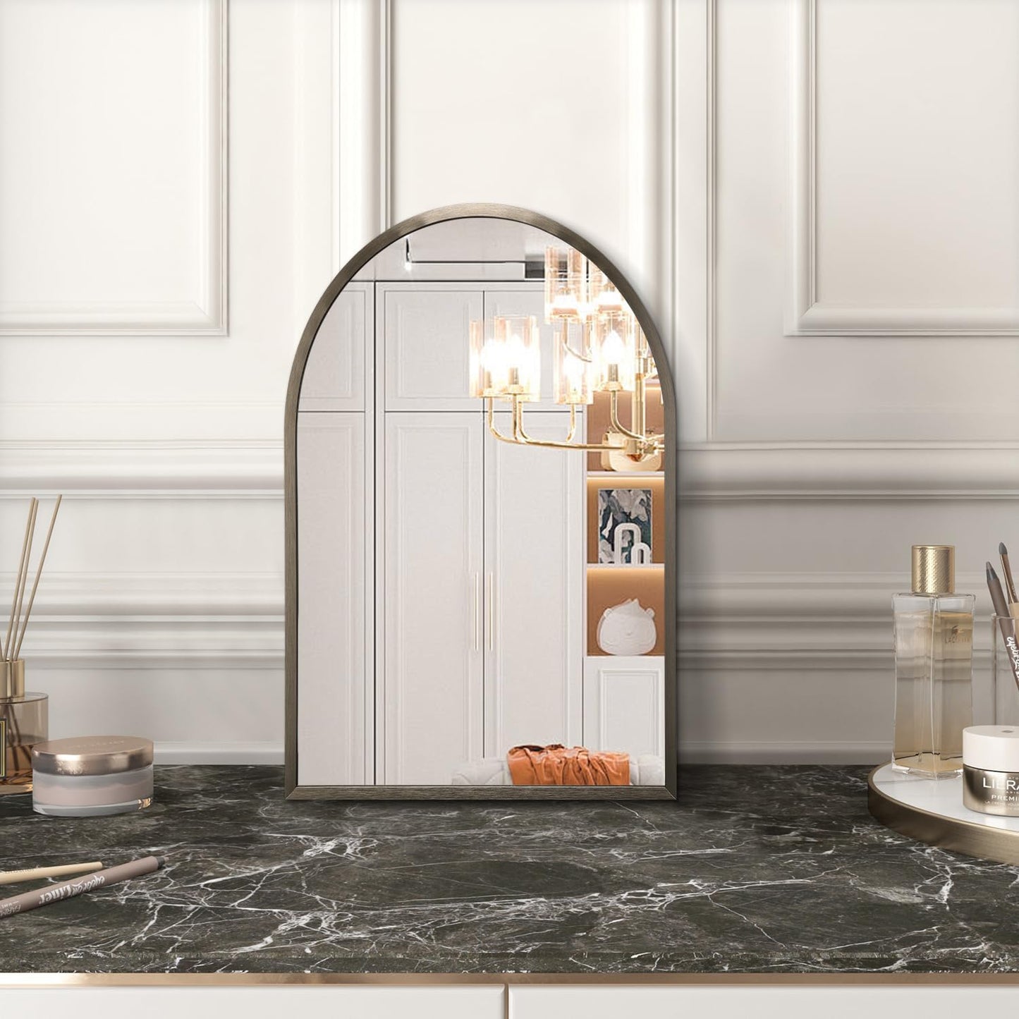 Black Arched Wall Mirror Aluminum Alloy Frame Bathroom Mirror Brushed Metal Vanity Wall Mounted Mirror for LivingRoom Bedroom Entryway Room Home Decor 16"x12"