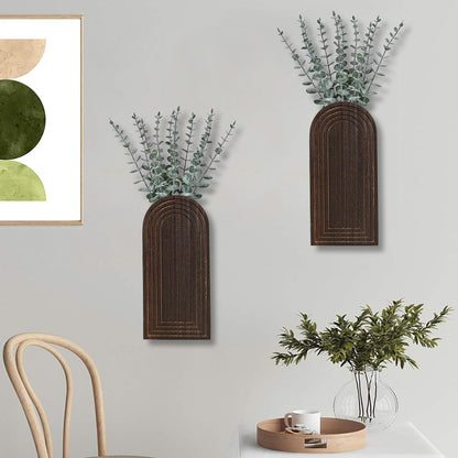 Dnnnii 2 Pack Wooden Wall Vase Set - Brown Finish Modern Farmhouse & Boho Wall Decor for Entryway, Hallway, Bathroom, Living Room, Dining Room, Narrow Spaces