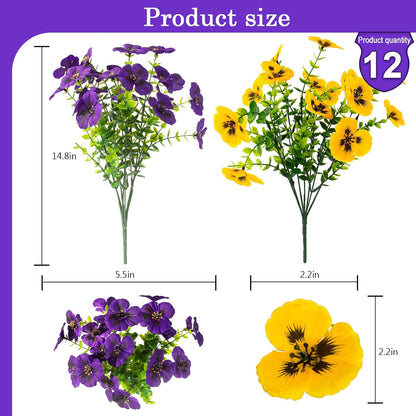 lovemoon 2 Sets Artificial Hanging Pansy Flowers with Baskets, 24 Pcs UV Resistant Faux Silk Pansy Outdoor Hanging Flower for Porch Patio Garden Home Spring Decor (2, White,Yellow,Purple)