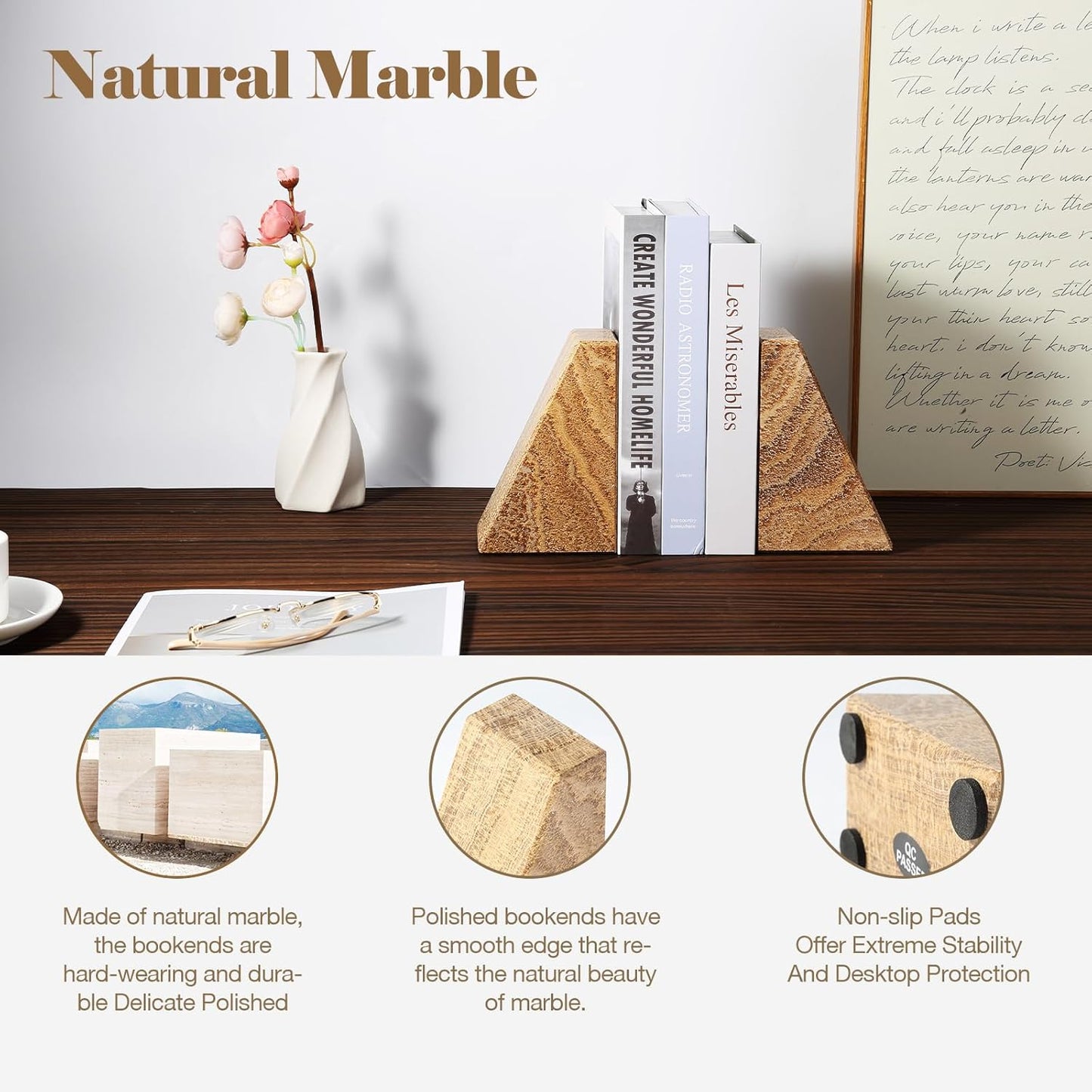 Karibiber Travertine Bookends for Heavy Books, Marble Decorative Bookends for Shelves, Heavy-Duty Stone Book Ends for Hardback Book & Cookbooks, Unique Book Stopper & Holder, Travertino Italy