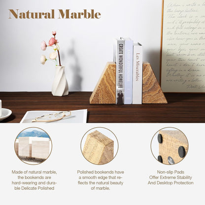 Karibiber Travertine Bookends for Heavy Books, Marble Decorative Bookends for Shelves, Heavy-Duty Stone Book Ends for Hardback Book & Cookbooks, Unique Book Stopper & Holder, Travertino Italy
