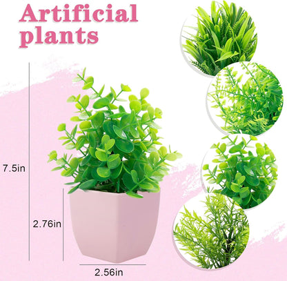 GREENTIME 4 Pack Fake Plants in Black Pot Mini Artificial Eucalyptus Potted Plant Small Faux Grass Greenery Potted for Indoor Home Office Farmhouse Bathroom Table Decoration