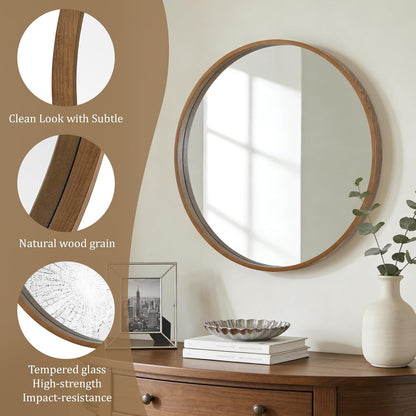 WallBeyond Wood Round Mirror with Wood Frame 24 inch Circle Wall Mirror for Bathroom Round Wall Mirror for Wall Decor, Vanity, Entryway Living Room (Walnut)