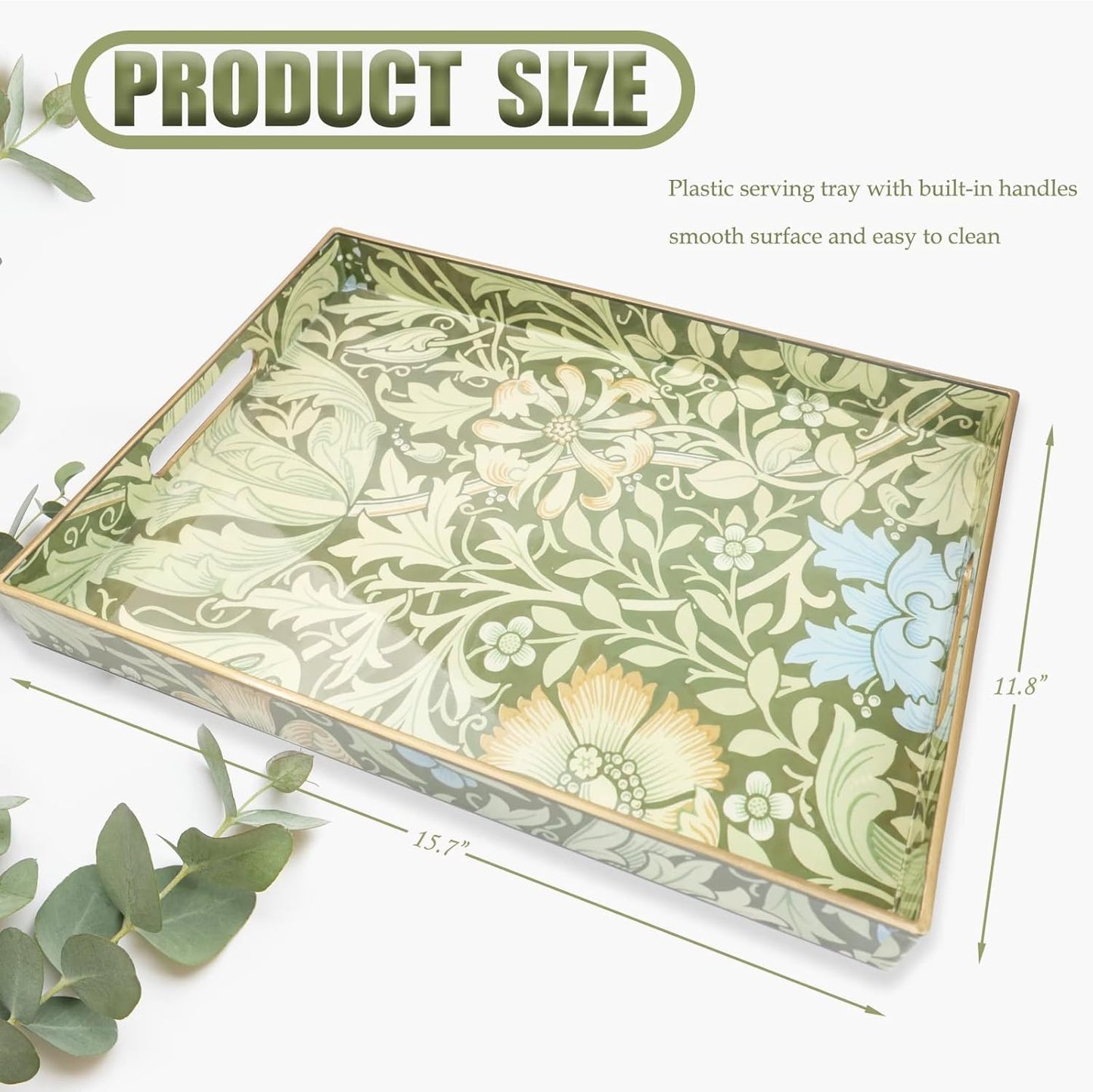 Spsyrine Serving Tray with Handles, Plastic Decorative Tray for Coffee Table, Living Room, Home Decor, Dianthus