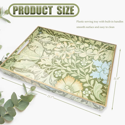 Spsyrine Serving Tray with Handles, Plastic Decorative Tray for Coffee Table, Living Room, Home Decor, Dianthus