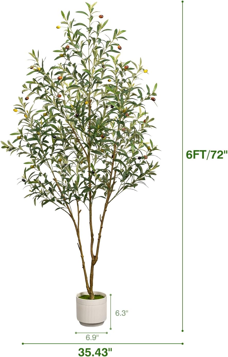 Artificial Olive Tree 6FT - Tall Faux Olive Trees Indoor with Planter&Cotton Basket, Large Fake Olive Plants Realistic Branches Natural Wood Trunk and Fruits for Home House Office Decor