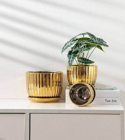 Ton Sin Pink Gold Ceramic Flower Pots, 4"+5"+6" Inch Small Glazed Succulent Planters with Drainage Hole,Modern Indoor Decorative Plant Pots Set of 3,Garden Pots with Saucer