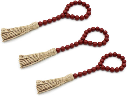 CVHOMEDECO. Wood Beads Garland with Tassels 3 PCS Farmhouse Rustic Wooden Prayer Bead String Wall Hanging Accent for Home Festival Decor. Natural