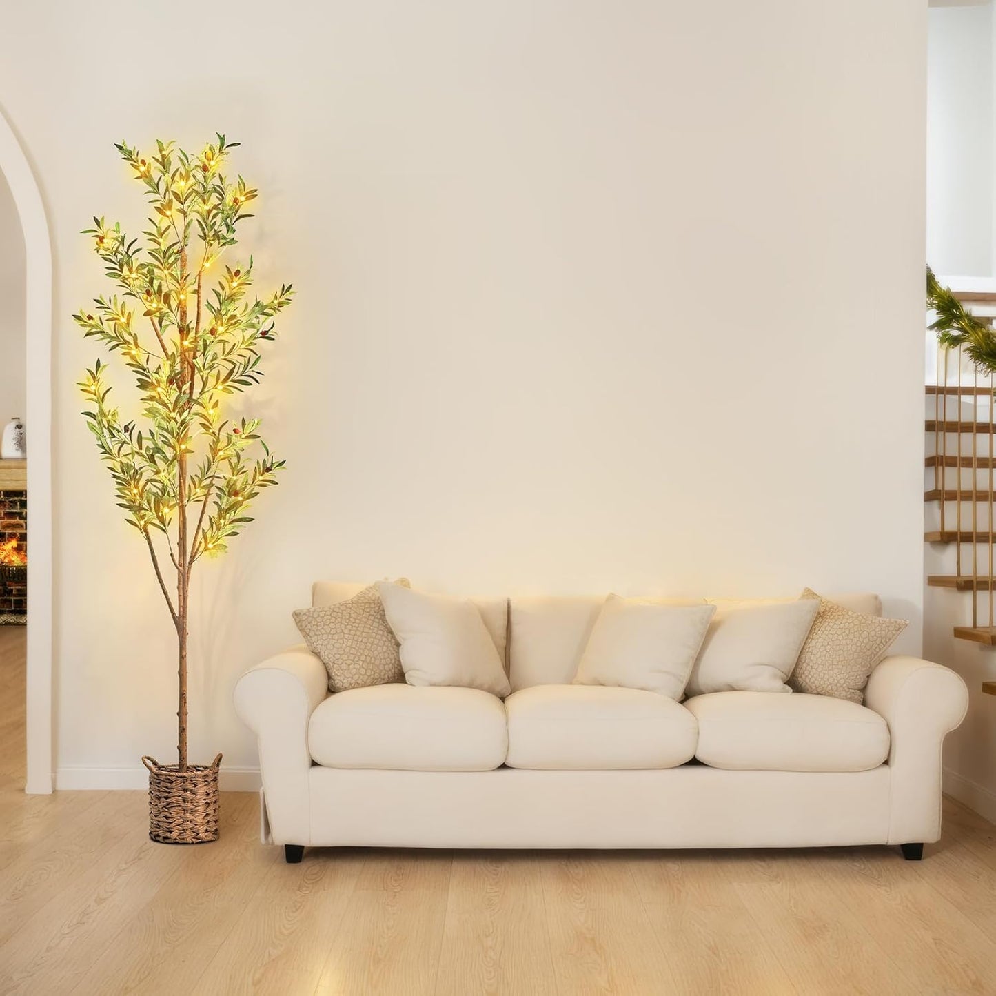 6ft Artificial Olive Tree with LED Fairy Lights, Tall Faux Potted Plant with Woven Basket - Natural Wooden Trunk & Lifelike Leaves & Fruits for Indoor Home Office Foyer Decor Housewarming Gift