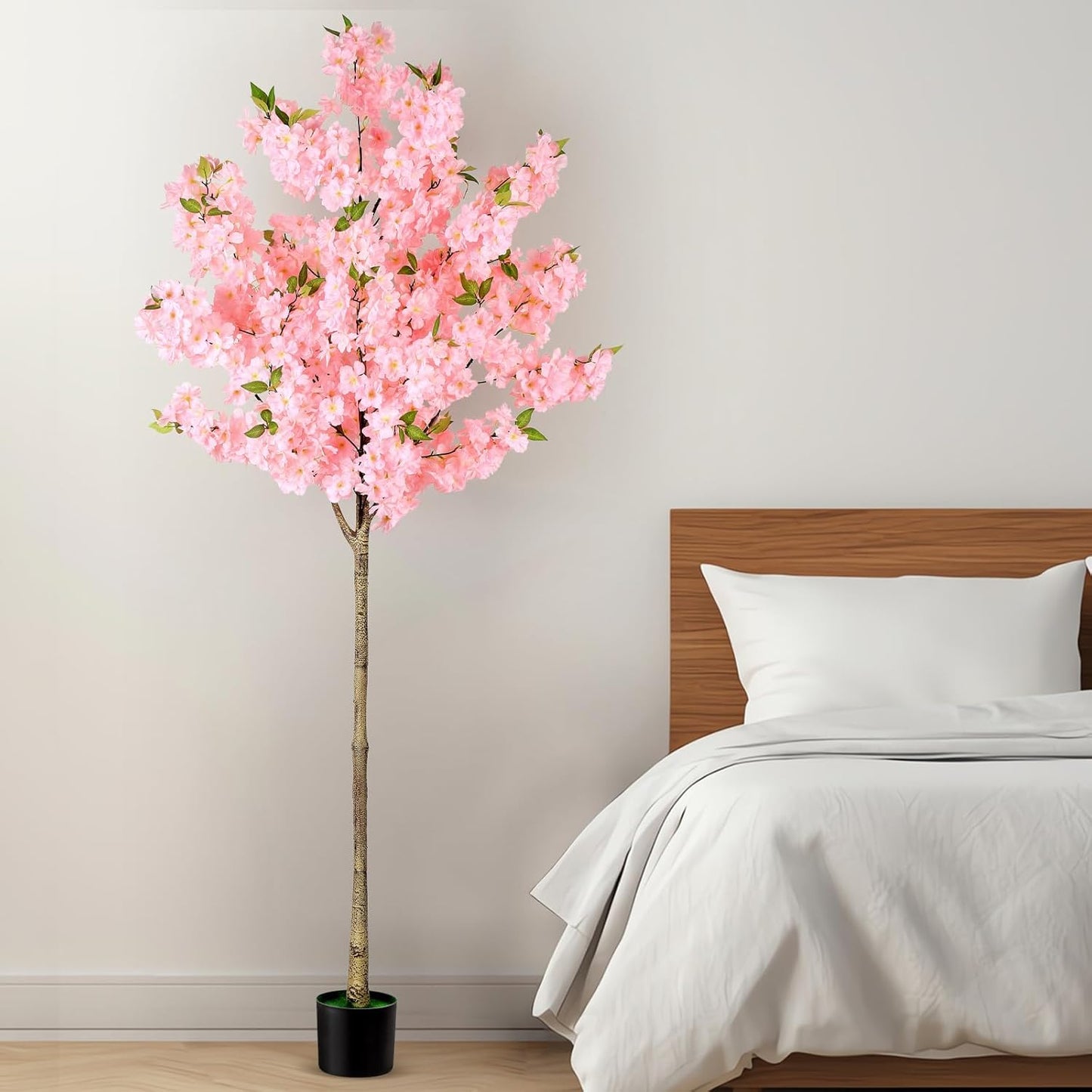 OUSHENG Artificial Cherry Blossom Tree, Fake Plants Indoor Decor, Faux Pink Sakura Flowers for Living Room Home House Entryway Bedroom Office Inside Decorations, 4FT
