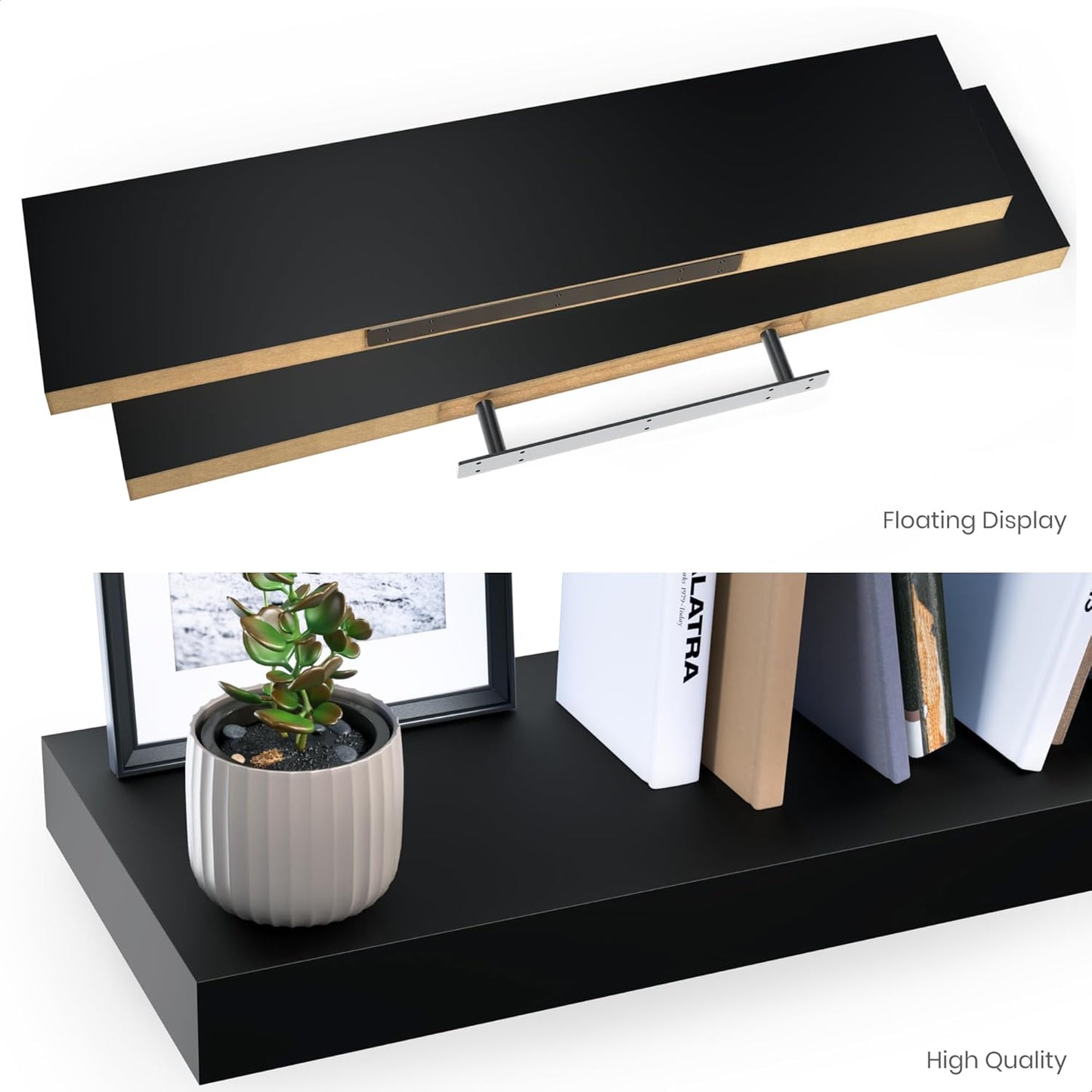 Ballucci Floating Shelves for Wall, 48" Wood Wall Shelf Set of 2, with Invisible Brackets for Bathroom, Living Room, Bedroom, Kitchen, Nursery, 8" Deep, Black
