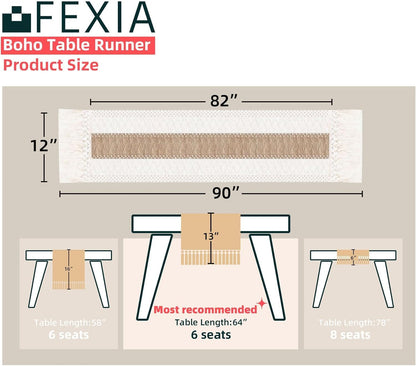 FEXIA Boho Table Runner for Thanksgiving Fall Christmas Home Decor with Tassels 72 Inches Long Pottery barn Furniture Farmhouse Rustic Macrame Burlap Table Decoration for Living Room (12x72 Inches)
