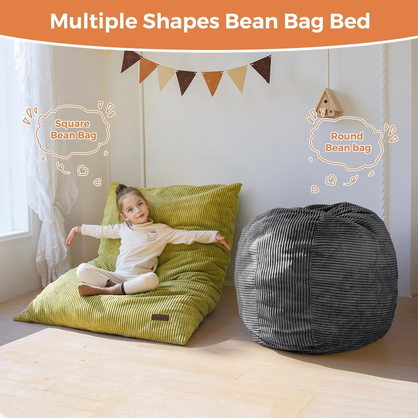 MAXYOYO 3 in 1 Kids Bean Bag Chair Couch, Convertible Chair Folds from Bean Bag to Lounger, Child Floor Sofa for Gaming, Reading, Floor Mattress with High-Density Foam Filling