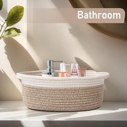 JMvicyroam Woven Basket,Small Rope Storage Bin with Handles & Ribbon Bag, Organizer for Shelves Closets,Gift Basket Empty for Birthday,Books,Dog Toys,White
