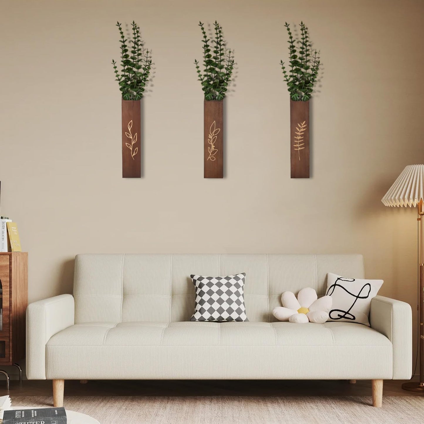 Wooden Wall Planter Set of 4 - Modern Home Decor for Living Room, Bedroom, Bathroom - Walnut Finish Planter for Dried Flowers, Faux Greenery, Indoor Plants